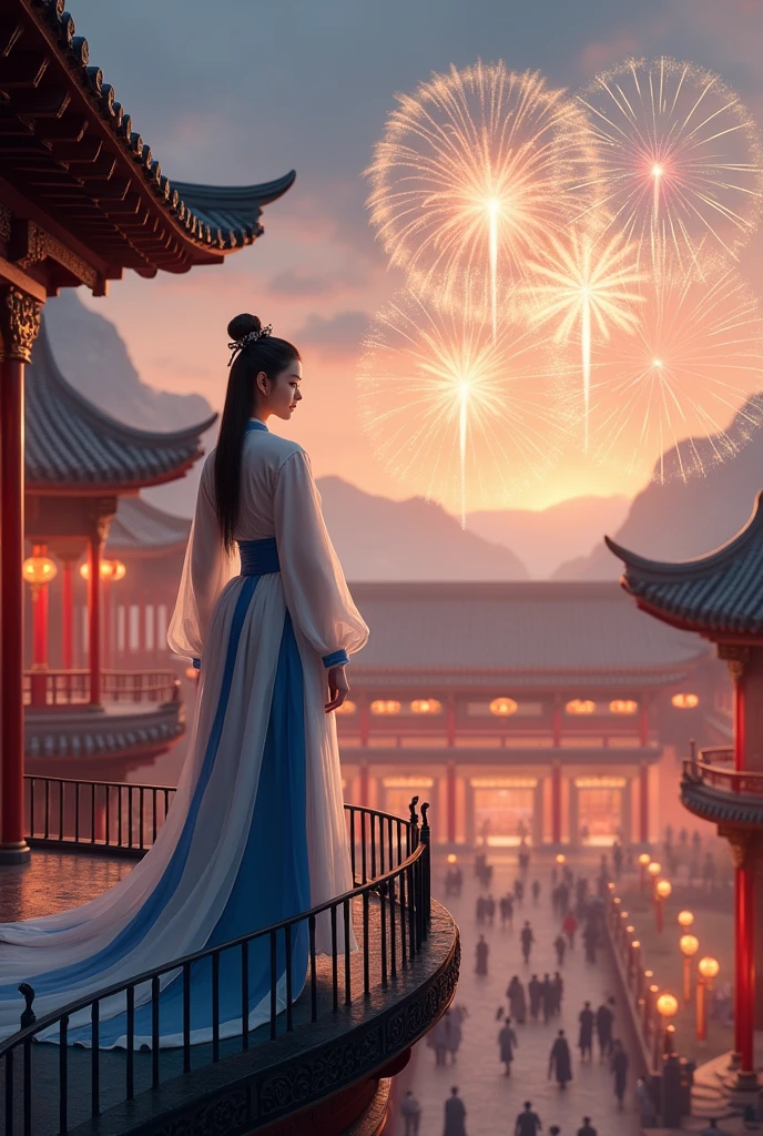 (A real portrait of an ancient Chinese person from the Tang Dynasty, Hanfu. A young woman in a white and blue dress is standing high on the edge of a balcony, looking down at the spacious courtyard inside the palace garden, looking at the Chinese New Year party of her family. The atmosphere of fireworks is bright in the sky.