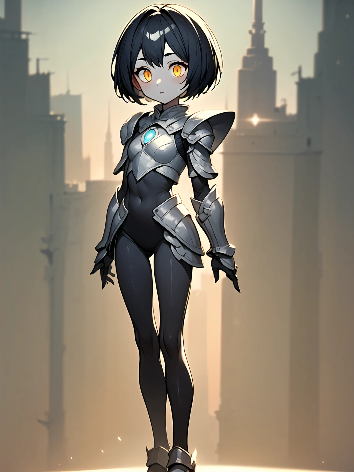 (((Masterpiece, best quality, 16k))) female character with short blue hair and glowing yellow eyes. She wears a futuristic armor in metallic silver, red, and black. wields dual energy swords. The character has a confident expression, with a high-tech cityscape as the background. ((full body front view)). ((slender)), (extremely detailed:1.5), (short blue hair:1.2), (glowing yellow eyes:1.2), (high-tech cityscape:1.1), (futuristic armor:1.3), (dual energy swords:1.3).
