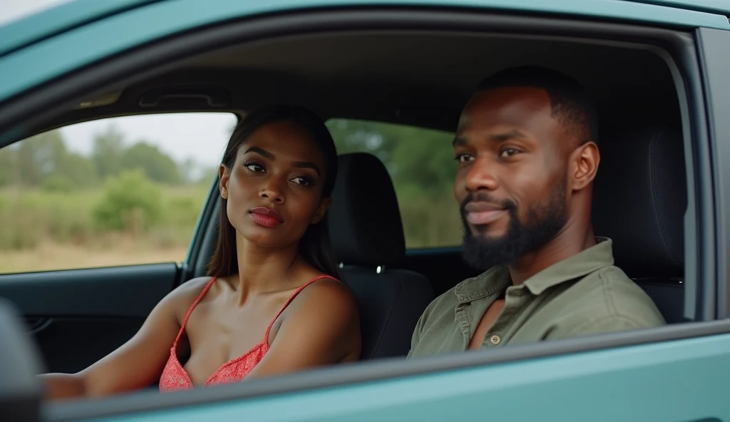 20-year old sexy, hot Nigerian female prostitute and her 30-year old male client sitting in a car.