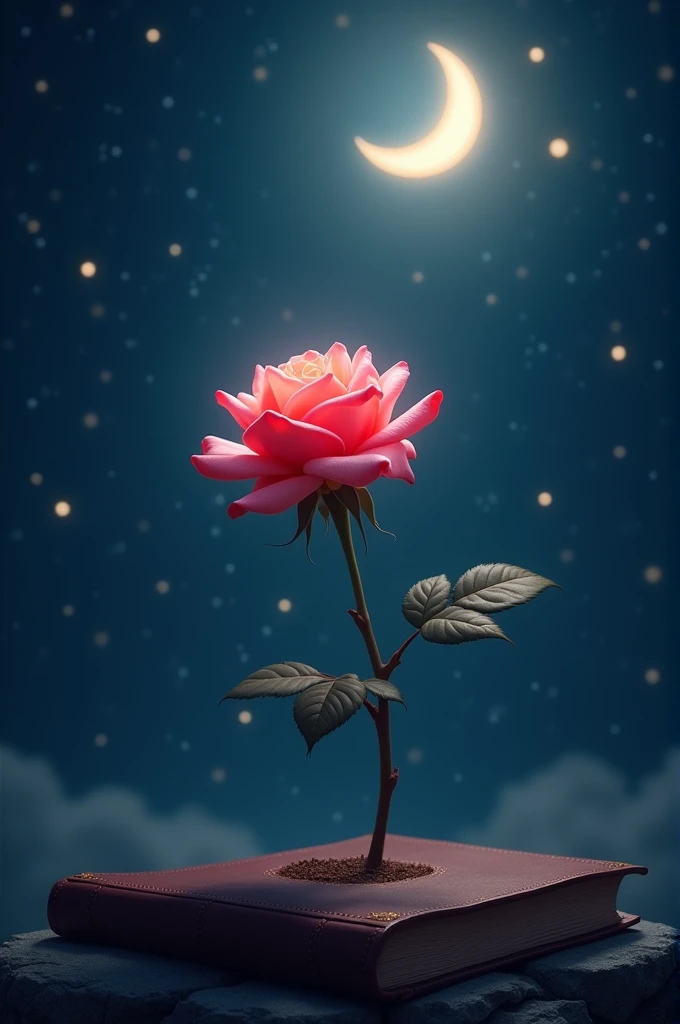 rose under the moon and stars, with a book lying at its side