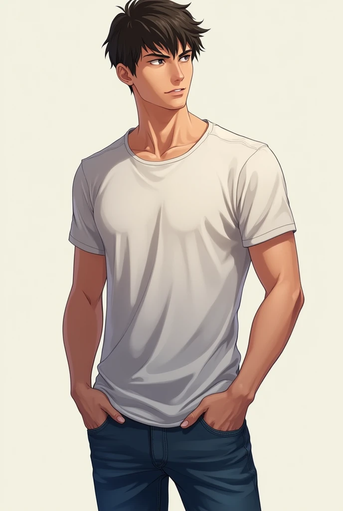An handsome young man viewed from side, wearing a t-shirt and a jeans pants, and he standing straight, his body language is like he was talking to somebody, he is looking in front of him, realistic full body portrait, anime style