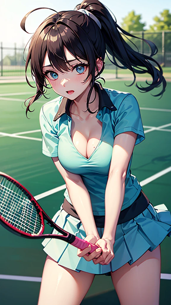 (masterpiece、Highest quality、))、beautiful detailed eyes 、ultra-detailed、 , Gray Hair、Ahoge、Long Hair, Blue eyes、ponytail 、big breasts、blurry background、bashful、pinup, play tennis, (swing tennis racket:1.1), wear tennis uniform, in Tennis court, (moving:1.2), tennis ball, hit the ball with a racket, some players、Panty shot、BLACK bra、