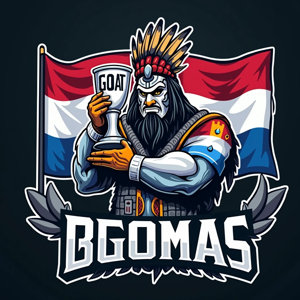 create a logo with the name ALDEIA with an indigenous god holding a trophy written goat with an Argentine flag in the background