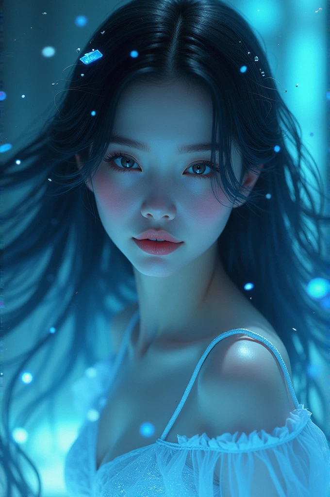 A woman with blue skin who smiles with her eyes and her hair as dark as coal, positioned at a thirty degree angle facing the fourth screen on another planet