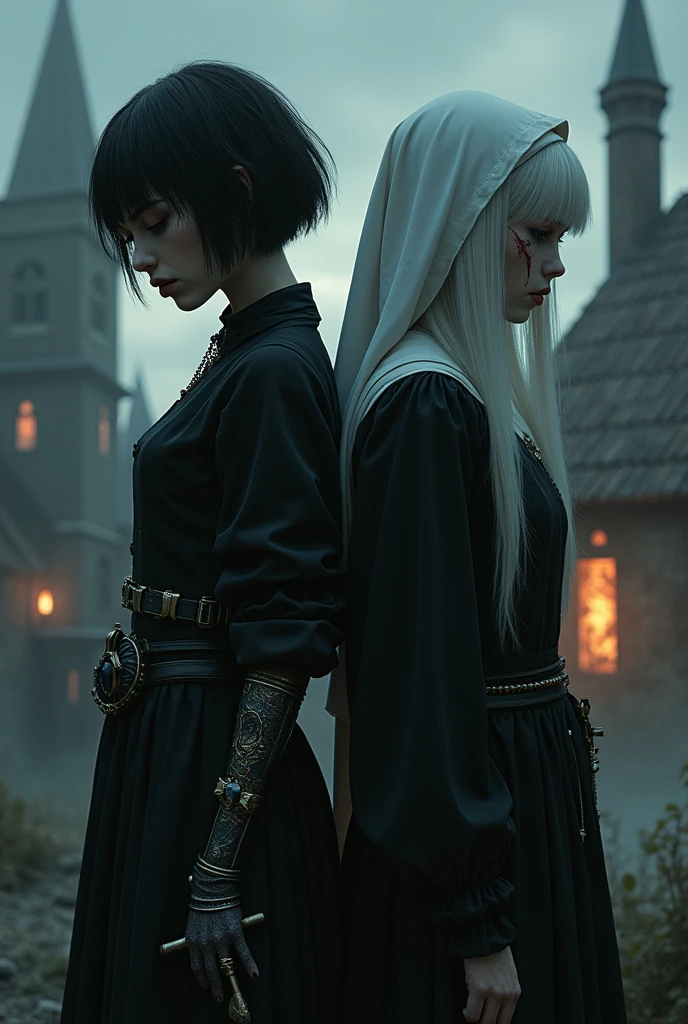 Two pale girls from the Middle Ages, back to back with violet eyes, with the one on the left with short black hair in dark alchemist clothes and a steampunk prosthesis, holding a dagger with the symbol of baphomet in his left hand, and a cut on the face, and the one on the right with white hair and white nun clothes holding a rosary, with a burning church behind, the night.