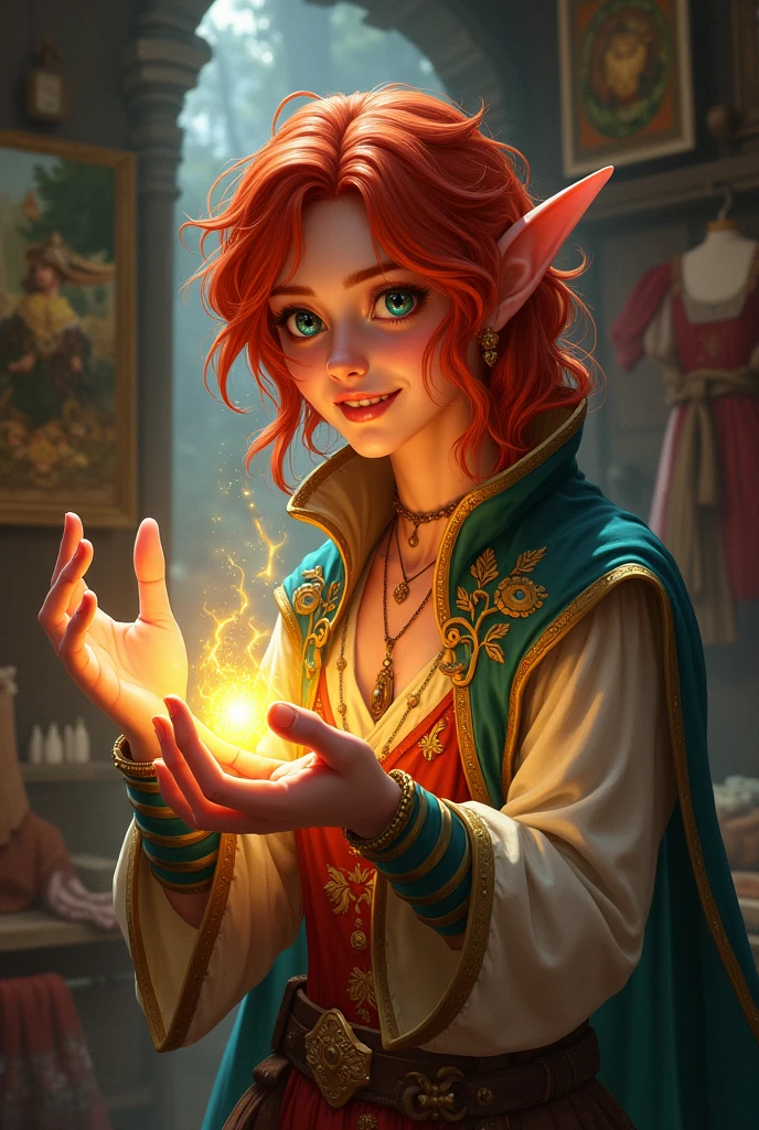 Red haired elf, smiling as he manipulates threads of magical light with his fingers. In the background there are clothes and canvases with fantastic paintings.
