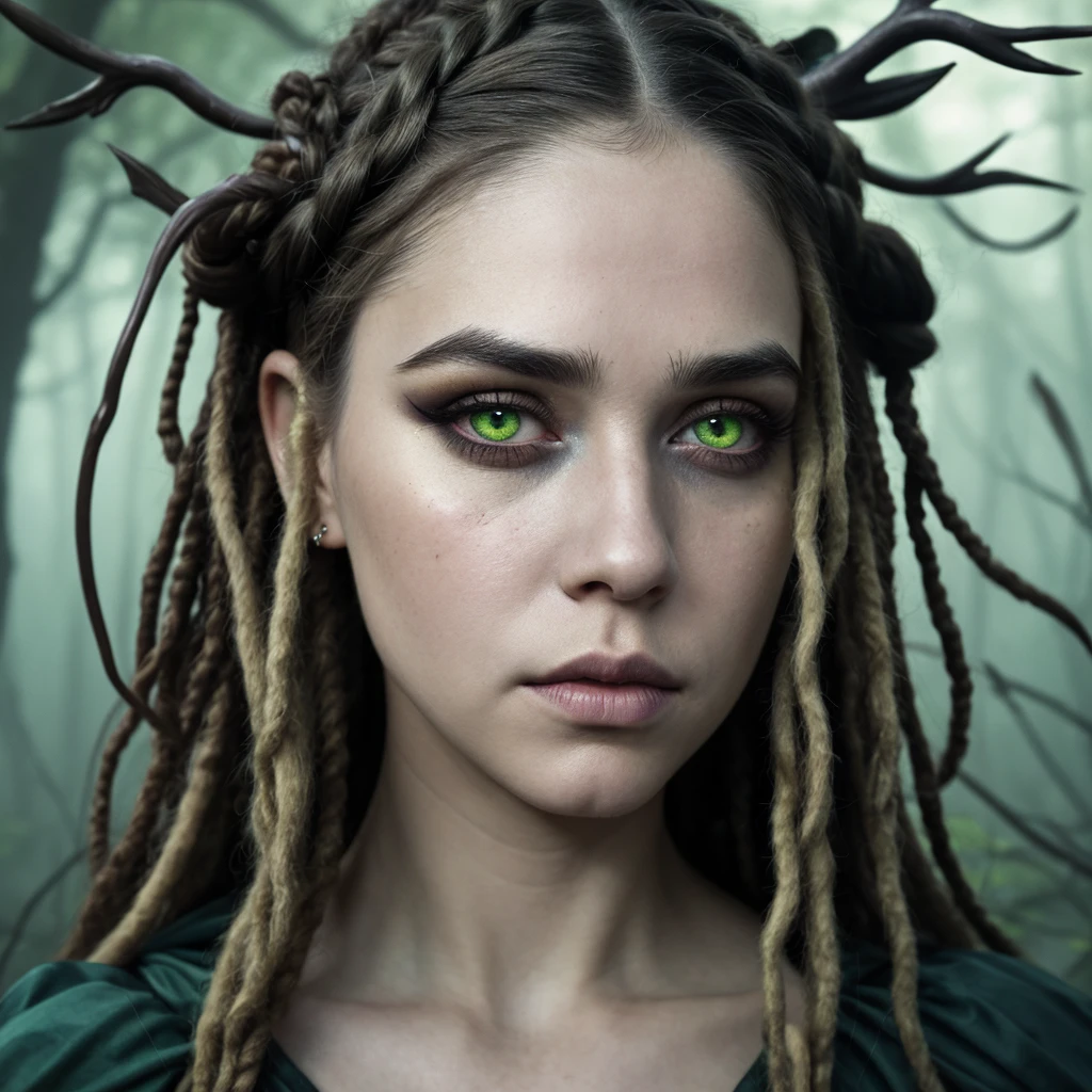 By Susanna Majuri, pencil drawing, medieval illustration, dramatic woman, scared, tearing up, European appearance, light green eyes, close set eyes, aqua eyes, dreadlocks, dreads hair, eyebrow ring, large face, elongated face, wide chin, cheek bulge, snub nose, short nose with a wide tip, thin lips, long eyelashes, dark makeup, wide eyebrows, textured skin, looking at viewer, resolution, quality, depth of field, accurate, anatomically correct, fairy tale background, surrealism, surreal atmosphere, epic, magic, wonderland, 1girl, realistic