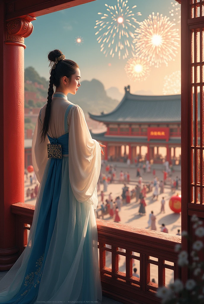 (A real portrait of an ancient Chinese person from the Tang Dynasty, Hanfu. A young woman in a white and blue dress is standing high on the edge of a balcony, looking down at the spacious courtyard inside the palace garden, looking at the Chinese New Year party of her family. The atmosphere of fireworks is bright in the sky.