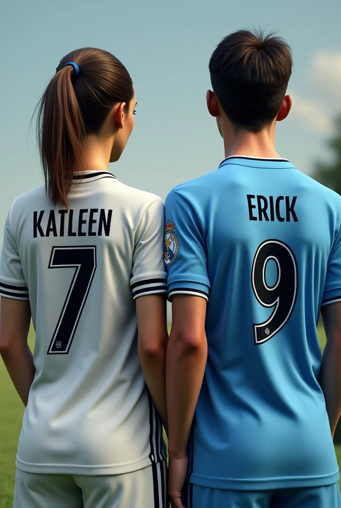 Woman and man from the back number 7 named Katleen and the Real Madrid shirt and number 9 named Erick and the Manchester City shirt with his hair tied to one side