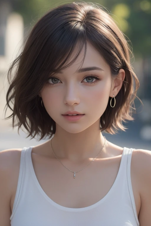 (photograph:1.2)、(photorealistic:1.3)、(masterpiece:1.3)、(Highest image quality:1.4)、ultra high resolution、(detailed eyes)、(detailed facial features)、(Detailed garment features)、8k resolution、solo focus、2 mature woman、small face、no makeup、Detailed beautiful eyes、bangs、dark brown hair、short cut hair、(realistic skin)、beautiful skin、charming、ultra high resolution、Super realistic、High definition、white shirt open,middlebre、small breasts、bust B cup、small breasts、cool beauty、Gray background、cinematic lighting、perfect、soft light、High resolution skin:1.2、realistic skin texture、2 mature woman、small face、no makeup、Bust B Cup、Detailed beautiful brown eyes、short hair、dark brown hair、Cool beauty、gray background high quality、masterpiece、High resolution、1 female、necklace、gem、Earrings、Beautiful Face、Body Up、Tyndall effect、Realistic、Rim Light、Two-tone lighting、(High resolutionスキン:1.2)、8k ウルトラHD、Digital SLR、Soft lighting、high quality、Volumetric lighting、photograph、High resolution、4K、8k、Brown haired woman、Adult、Small eyes、Perfect Mouth、Highly detailed eyes and mouth、Black natural eyes、Pure brown hair color、lol、Caucasian skin color、Hair quality and shine、street、town、road、congestion、lol顔，Upper teeth(Black tank top)
