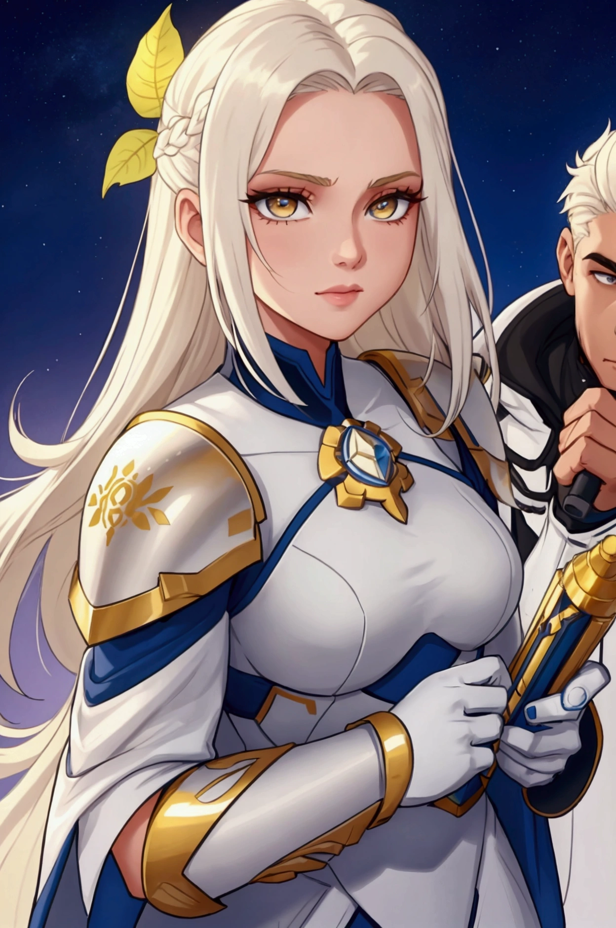 She has short, not very long, platinum blonde hair., with locks that frame her face, and golden eyes that shine with a warm and encouraging light. He wears light armor in shades of gold and white., which symbolizes purity and hope. His main weapon is a lightsaber., whose leaf seems to shine with a heavenly glow. Liora is extremely kind, optimistic and encouraging. Her positive nature and willingness to support others make her a key figure in keeping the group's spirits high.. She is always willing to offer a word of encouragement and help to those who need it., and his hopeful attitude is contagious. Although she is a formidable warrior, His focus is on inspiring and uplifting his peers rather than seeking conflict... Whole body