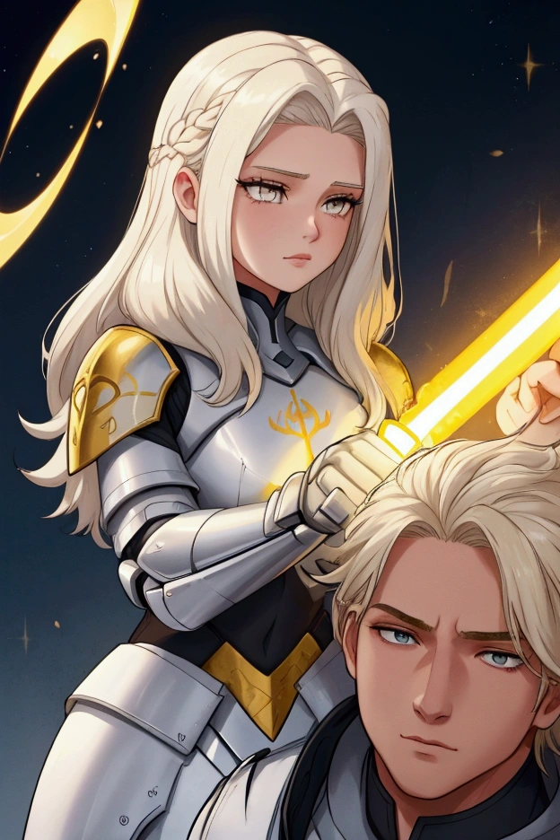 She has short, not very long, platinum blonde hair., with locks that frame her face, and golden eyes that shine with a warm and encouraging light. He wears light armor in shades of gold and white., which symbolizes purity and hope. His main weapon is a lightsaber., whose leaf seems to shine with a heavenly glow. Liora is extremely kind, optimistic and encouraging. Her positive nature and willingness to support others make her a key figure in keeping the group's spirits high.. She is always willing to offer a word of encouragement and help to those who need it., and his hopeful attitude is contagious. Although she is a formidable warrior, His focus is on inspiring and uplifting his peers rather than seeking conflict... Whole body