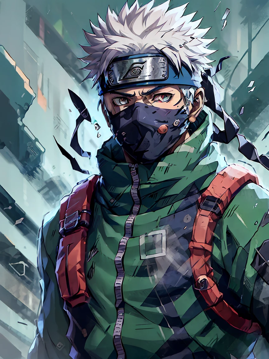 ** Itadori and Kakashi Fusion:**
 Um men
- **Face:** A youthful yet mature face, combining Itadori’s friendly and determined expression with Kakashi’s calm, experienced look. The fusion’s left eye is covered by a forehead protector, while the right eye retains Itadori’s normal look, but with a more focused and serious gaze.

- **Hair:** A mix of Kakashi’s spiky silver hair and Itadori’s short pink hair. The hairstyle is slightly messy, with a blend of both colors, giving it a unique, striking appearance.

- **Attire:** A combination of Kakashi’s standard shinobi gear, including the flak jacket and arm guards, mixed with the more casual elements of Itadori’s school uniform. The fusion wears a black mask covering the lower half of the face, reminiscent of Kakashi’s signature look.

- **Expression:** Generally cheerful and approachable, with a laid-back demeanor. However, the fusion’s eyes reveal a deeper understanding and seriousness, reflecting the experiences of both characters.

- **Posture:** Relaxed but alert, standing with the confidence of a seasoned ninja and the readiness of a skilled fighter. The fusion’s stance is casual yet prepared, showing a perfect blend of combat awareness and easy-going nature.

**Animes:**
- **Yuji Itadori:** *Jujutsu Kaisen*.
- **Kakashi Hatake:** *Naruto* series.