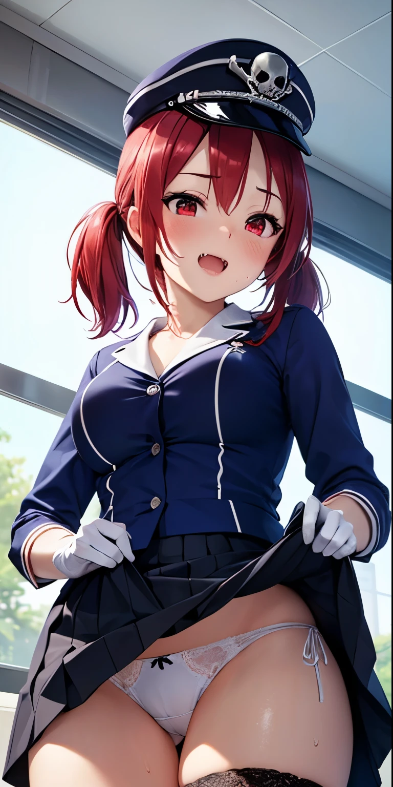 1 Female,High definition,high resolution,Ultra-realistic,8K, 1girl, solo, red hair, red eyes, twintails,blue dark employee uniform, pencil skirt, skull print, navy cap, fang, black legwear, white gloves,European,sexy,Upper body close-up,Photographed from the front,Dynamic Angles,blush, (big tits ), happy, wink the eye,facial, sweat ,(wide thighs:1.4),(white lace panties),(show panties),(from below),(skirt lift:1.4)