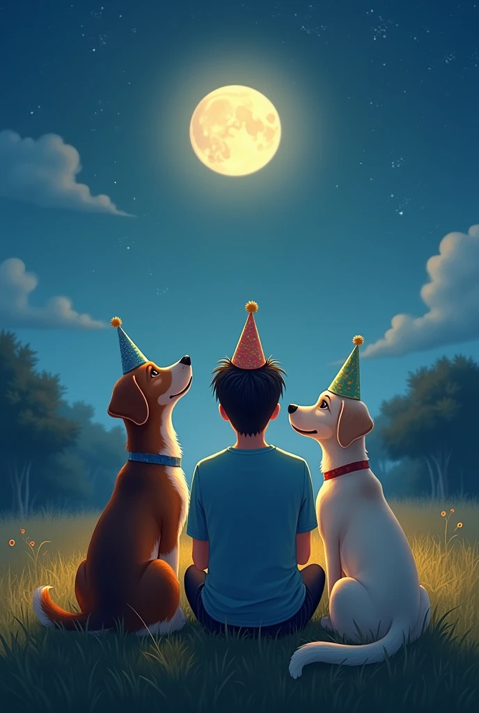 Two dogs with birthday hats back to back looking at the moon with a young man with birthday hat back to back sitting in the middle , A large beagle and a small Labrador
