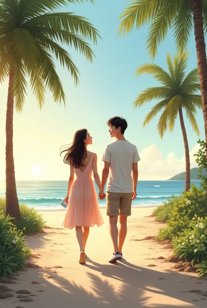 young korean couple, A scene of college students holding hands and walking along a beautiful coastal path. The man is wearing casual summer attire: a light t-shirt and shorts., The woman is wearing a flowing dress.. The two people are looking at each other and smiling.. In the background is a beautiful beach with gentle waves., The promenade is lined with palm trees.. The warm late afternoon light creates a romantic atmosphere., This scene captures the essence of a sweet, youthful date on a Korean beach..