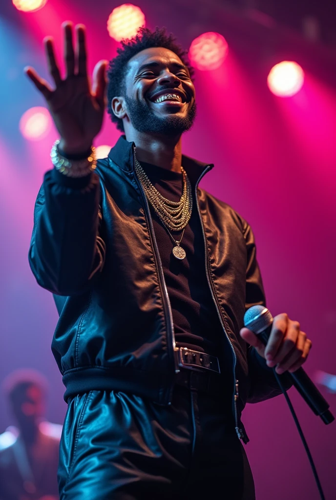 A black rap singer on a stage, wearing a stylish hip-hop outfit, with gold teeth shining as he smiles. He holds a microphone in his hand and is singing with passion.. Your hands are intricately drawn and perfect, reflecting your energy and stage presence. The background has colored lights from a live show, capturing the vibrant atmosphere of a rap concert