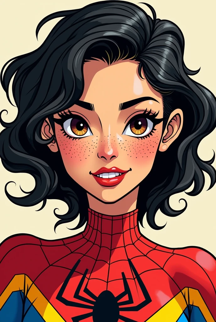 Make me a comic book girl dressed as spiderwoman, quite curly black hair with yellow parts short, semi-slanted eyes, semi wide nose with lots of freckles on his face, face outlined with something round, Very pretty semi-wide lips and white skin, black eyes with some brown.. we eat little, with a not so adult face