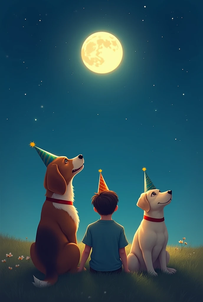 Two dogs with birthday hats back to back looking at the moon with a young man with birthday hat back to back sitting in the middle , A large beagle and a small Labrador