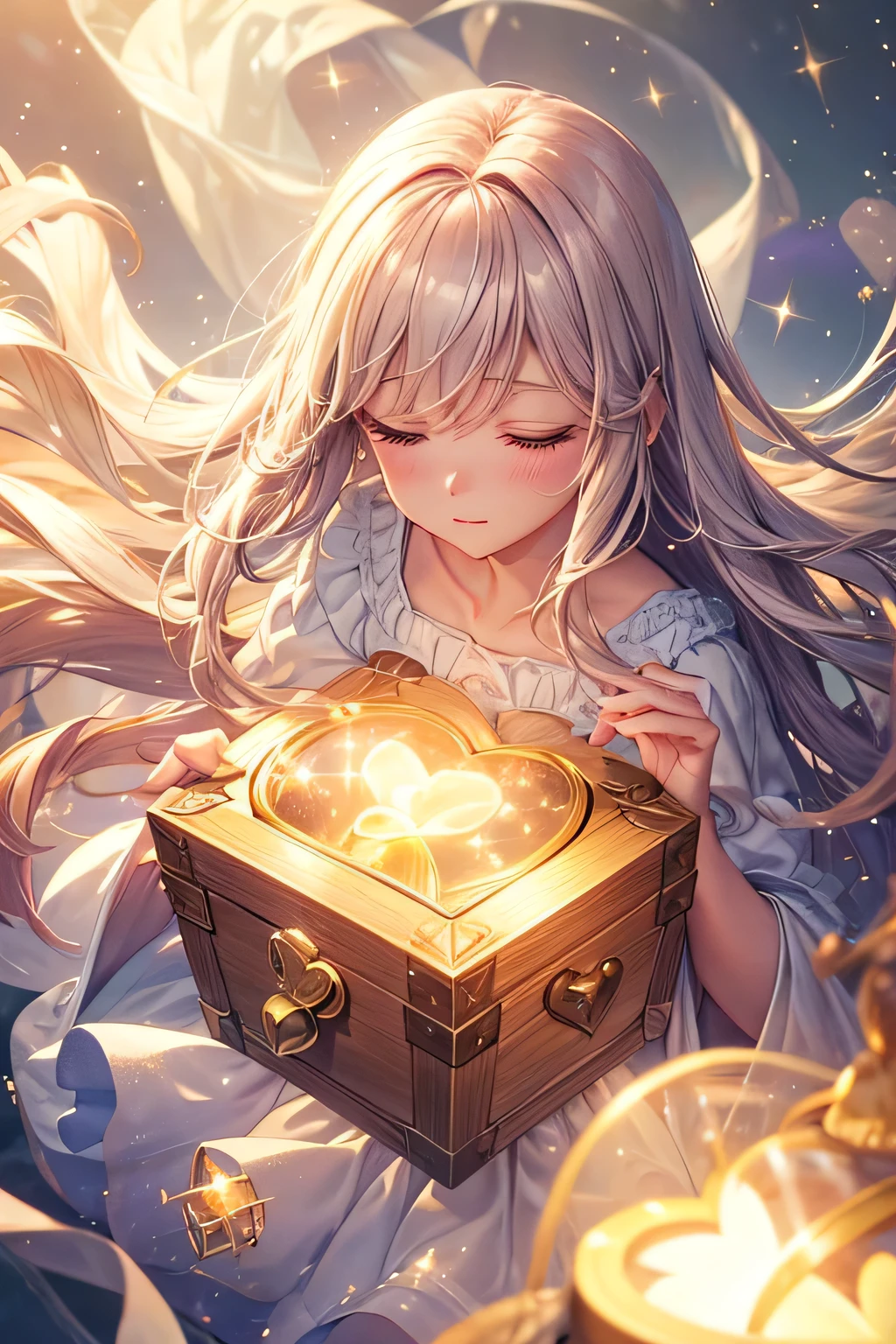 Prompt: "A small, glowing treasure chest with a heart-shaped lock, surrounded by soft light and sparkles. The background is a dreamy, ethereal scene with floating memories represented by faint, translucent images, symbolizing the preciousness of first love."