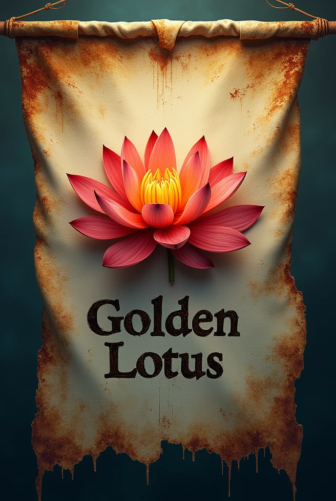 Create a lotus on a pirate flag with rust accents, with the name under the lotus "Golden lótus"