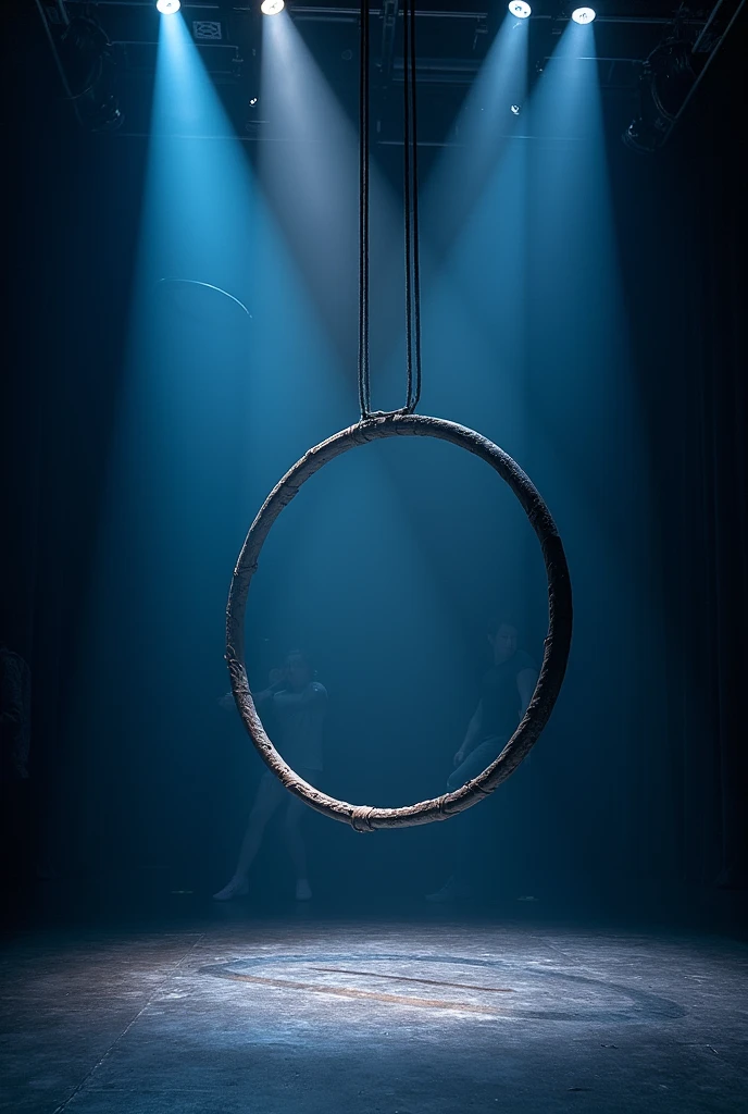 theater scenery that imitates the night, with lights and aerial hoop without people, no trees and no water with galaxy projector