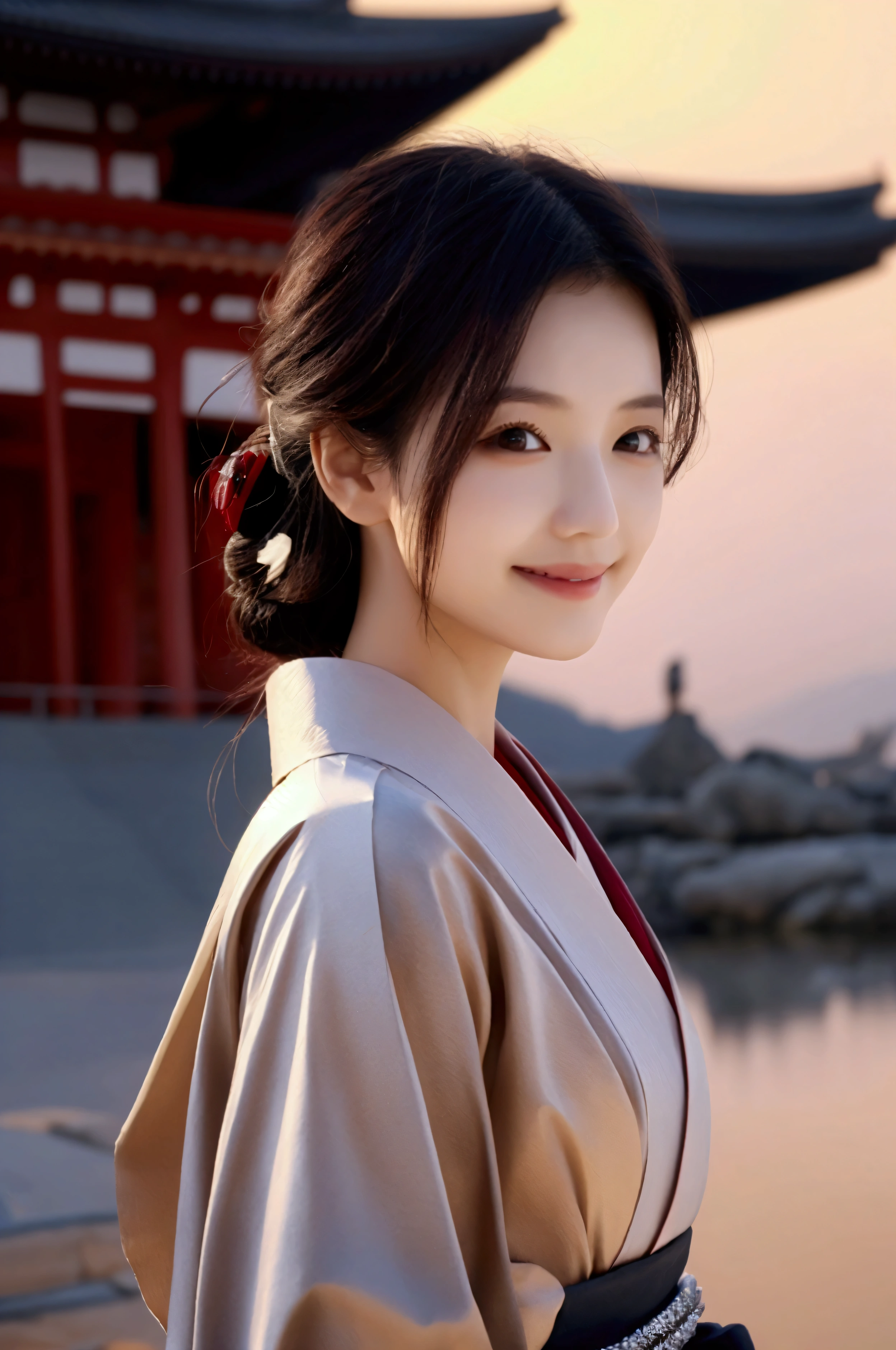 Deep red undertones、Elegant smile、Highest quality、4K、detailed high resolution、Historical temple background、Realistic photo style、Healthy body shape、Beautiful Eyes、Flowing jet black hair、Gorgeous coloured kimono、Calm expression、Warm lighting、Old-fashioned Japanese art style、Rich colors、Serene atmosphere、Detailed Features、Elegant standing posture、Landscape dyed in the sunset