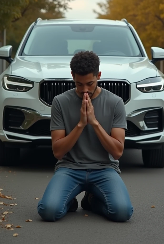 (photorealism:1.2), (8k) A young man on his knees praying next to his car