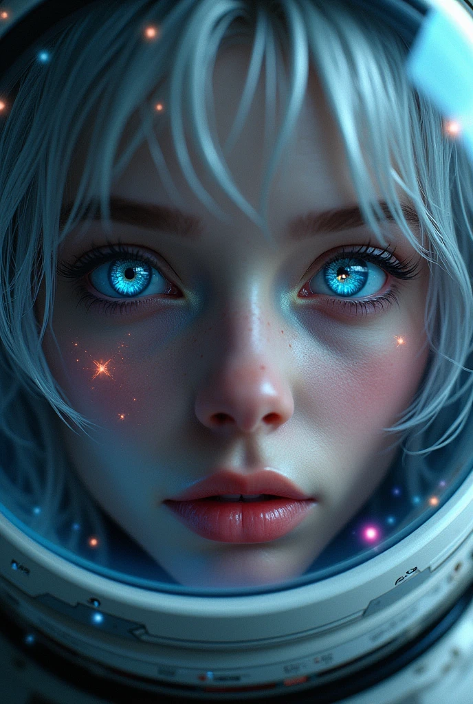 (Close-up of a better masterpiece: 1.5) 0.9], (Space and astronauts: 1.2) (Disheveled silver hair: 1.1) (Xanthochromia heterochromia and blue eyes: 1.2) (space helmet: 1.0) (colorful stars in the eyes: 1.0) (A radiant glow: 1.1) (thick lips: 0.9)