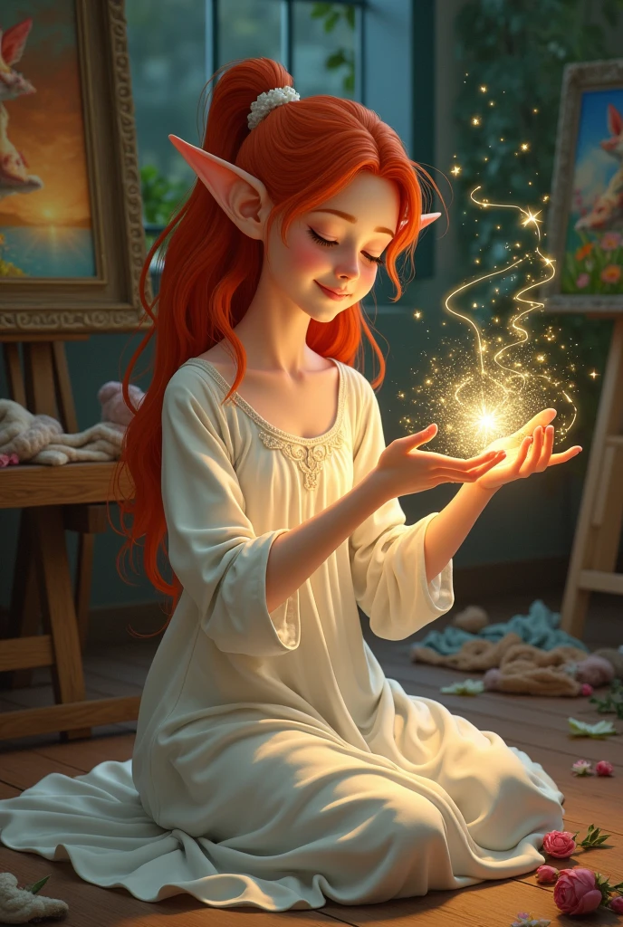 Red-haired elf dressed in a simple white nightgown, smiling as he manipulates threads of magical light with his fingers. In the background there are clothes and canvases with fantastic paintings.