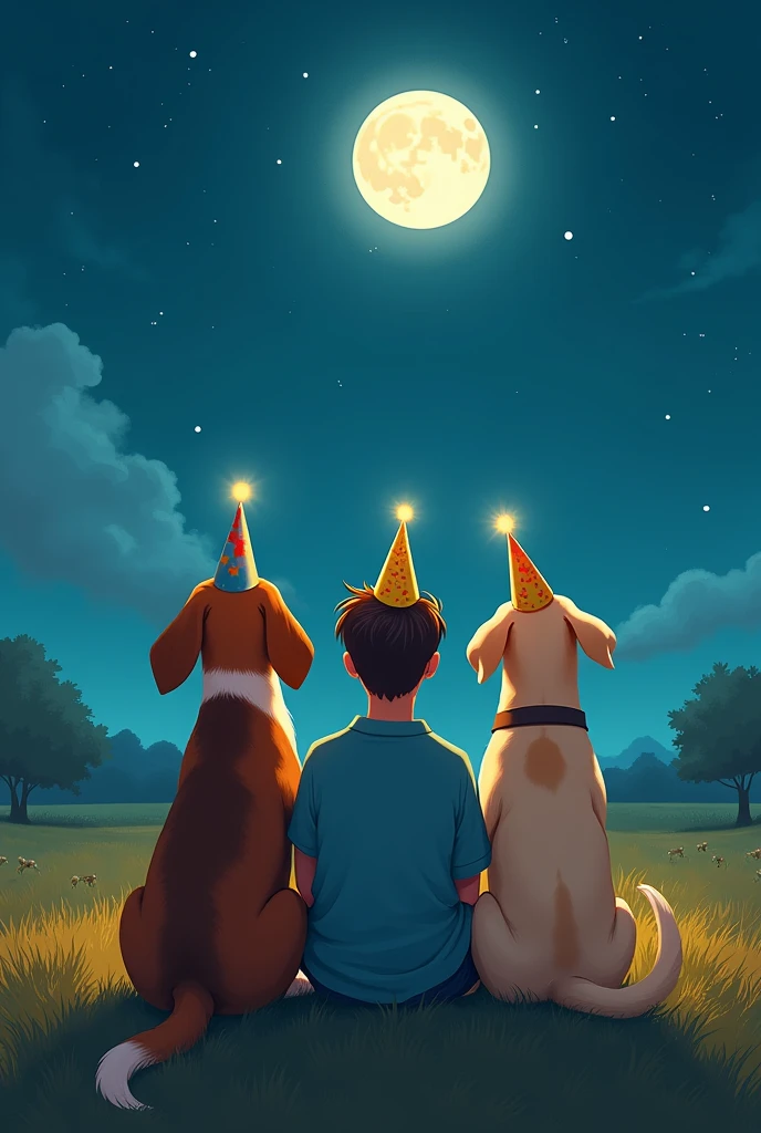 Two dogs with birthday hats back to back looking at the moon with a young man with birthday hat back to back sitting in the middle , A large beagle and a small Labrador