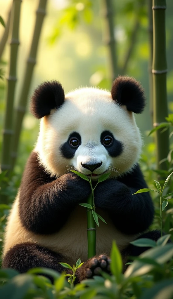 a cute panda bear eating bamboo in a bamboo forest, detailed panda face, detailed skin texture, photorealisitic, (best qualityer,4K,8k,high resolution,work of art:1.2),ultra detali,(realisitic,photorealisitic,photo-realisitic:1.37),HDR,ultra HD,studio lighting,extreme detailed description,proffesional,bright coloured,paisaje,Unripe,natural lighting