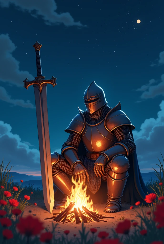 A knight in medieval adventurer armor, the knight also wears a medieval helmet which covers his entire face., He is tall and is sitting next to his huge giant and heavy sword stuck in the ground in a field of red flowers while he Admires sitting in front of his campfire in the middle of the light of the stars and the moon, (make them both face the camera so I can see the knight from the front)
((Make image with anime art style))