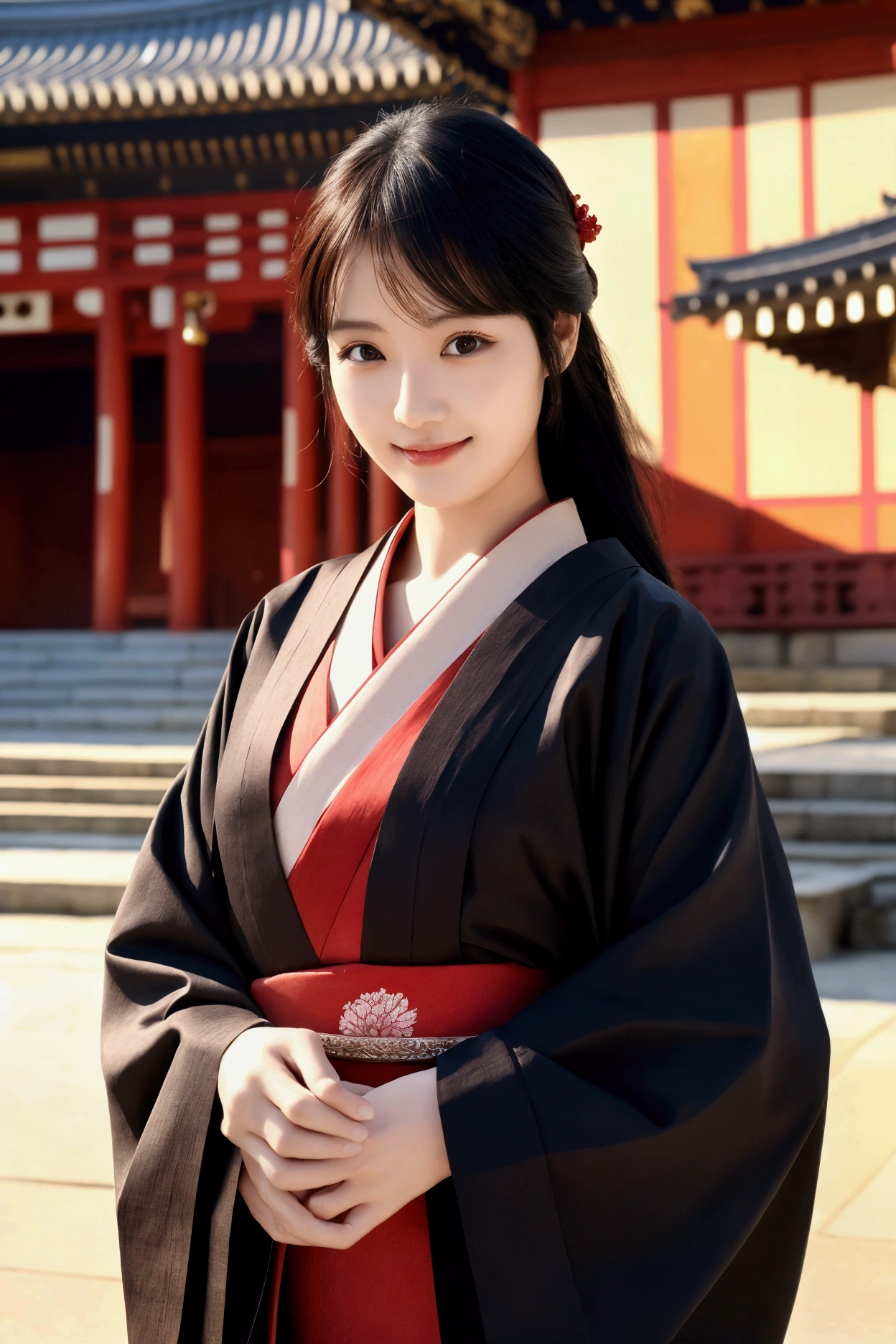 Deep red undertones、Elegant smile、Highest quality、4K、detailed high resolution、Historical temple background、Realistic photo style、Healthy body shape、Beautiful Eyes、Flowing jet black hair、Gorgeous coloured kimono、Calm expression、Warm lighting、Old-fashioned Japanese art style、Rich colors、Serene atmosphere、Detailed Features、Elegant standing posture、Landscape dyed in the sunset