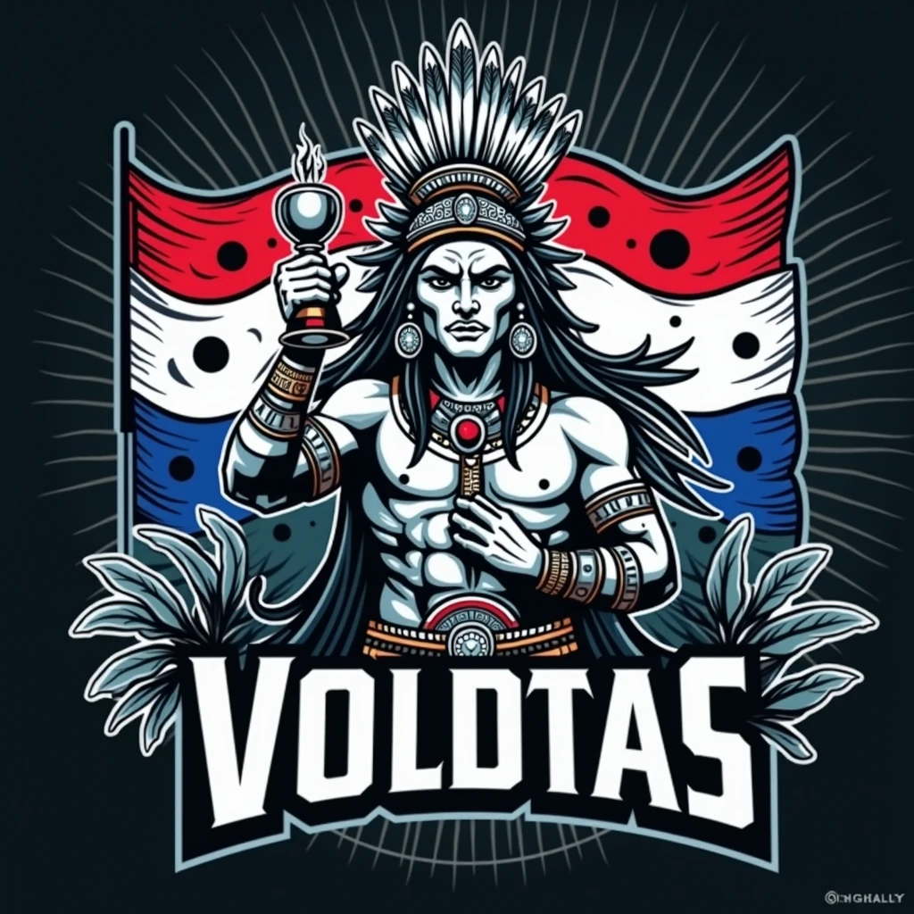 create a logo with the name ALDEIA with an indigenous god holding a trophy written goat
