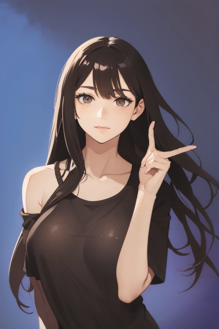 Full body, a woman with freckles, dark brown eyes, and an upturned nose, she is happy, with one peace sign hand, she has long wavy black hair, wearing aviator sunglasses with clear lenses in a soft watercolor style. The girl must be in pink, purple, and blue in celebration of the bisexual, with stains of ink and watercolor mixing and filling the scene. There should be a subtle, nuanced change in colors using the impasto technique with gouache paint. There should be a light rain in the watercolor painting with a little watercolor paper texture and a pastel background.