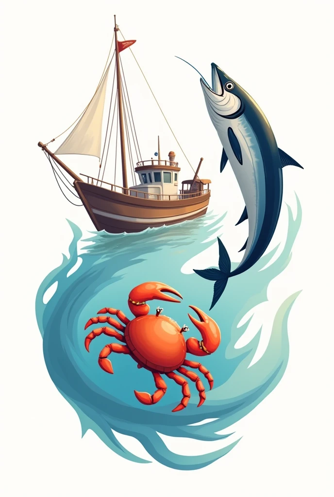 Create a digital illustration in a smooth, curved style featuring three main elements against a white background: a Thunnus albacares tuna with an elongated, hydrodynamic body characterized by graceful, flowing lines, a dark blue back that transitions into a shimmering silver belly, large expressive eyes, and a pointed mouth adorned with sharp teeth; a Chaceon crab with a rounded, convex carapace highlighted by elegant curves and serrated edges, long slender legs that extend gracefully, vibrant orange-red coloration, small bright eyes, and delicate antennae; and a fishing boat designed with soft, rounded shapes, featuring an elongated hull with a gently curved bow and stern, a smooth cabin with a rounded roof, a tall mast, and fishing nets artistically draped over the sides, complemented by fishing gear and equipment. The overall composition should emphasize the fluidity and harmony of these marine elements, creating a visually captivating and cohesive image.