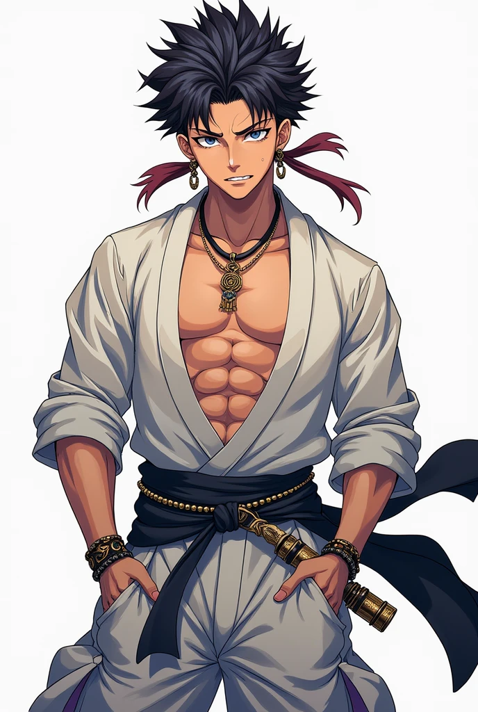 estilo kimetsu no yaiba, original character, demon hunter uniform, 1 chico, beautiful face, Man&#39;s focus, muscular, teeth, jewelry, PANTS, cana, belt, japanese clothes, Haori, Haori blanc, only, grey eyes/ blanc, long sleeves, Anime coloring page, ((masterpiece))
