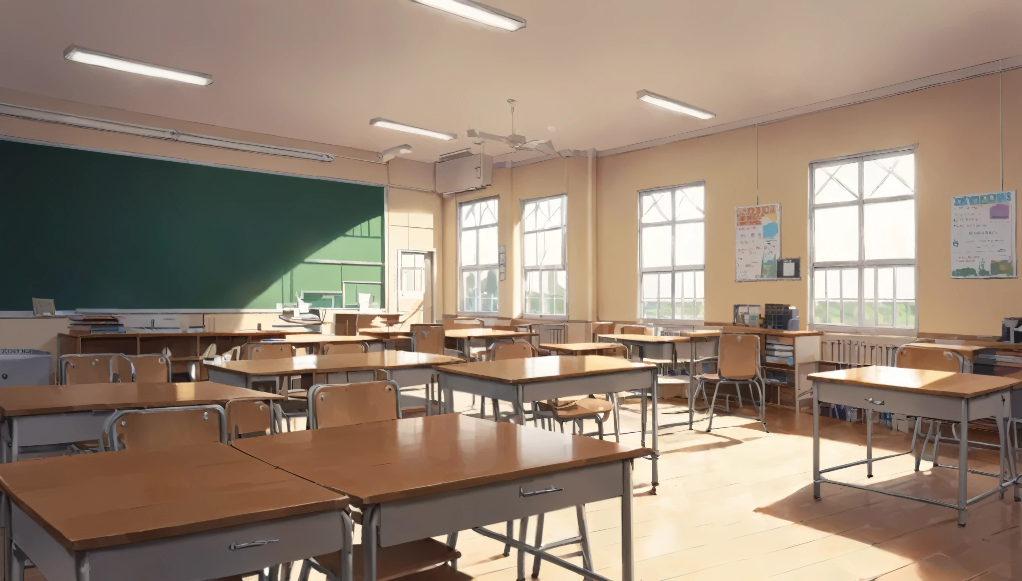 "A bright and tidy high school classroom with large windows letting in natural light. Rows of wooden desks and chairs are neatly arranged, facing a chalkboard at the front of the room. There are educational posters on the walls, and a teacher's desk is positioned to the side with books and papers stacked on it. The atmosphere is calm and conducive to learning, with a clock on the wall ticking softly."