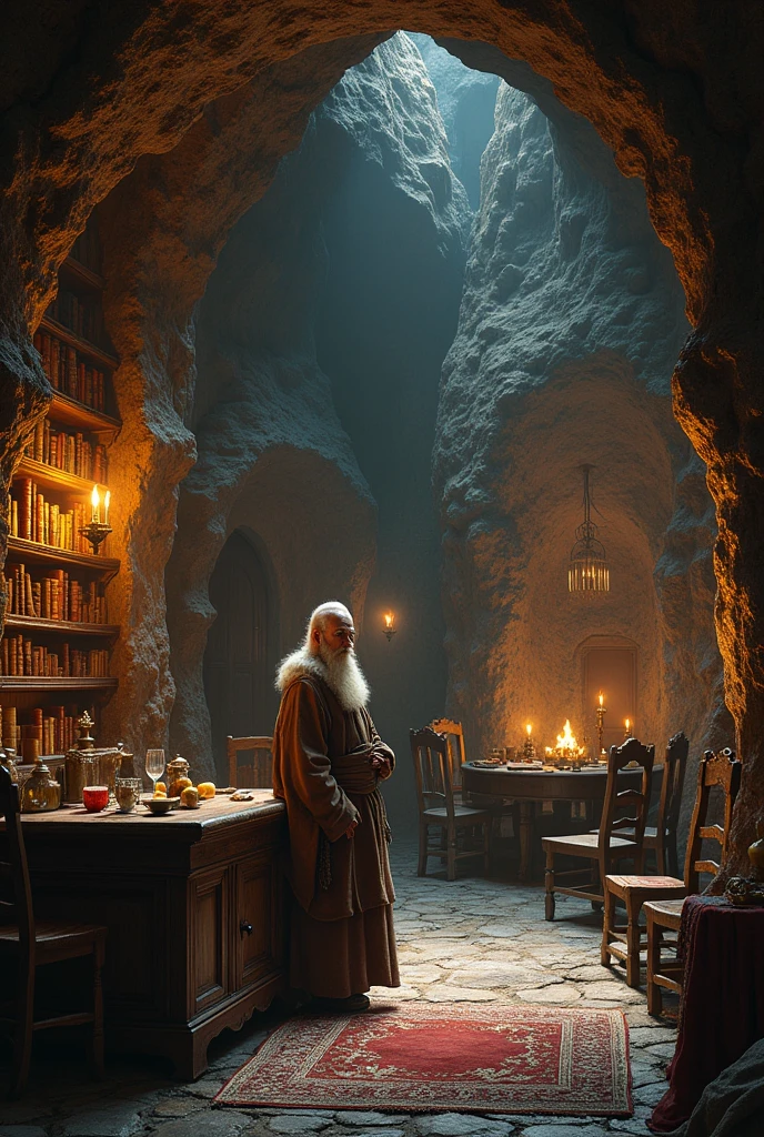 innkeeper, with 5 chairs, with a cave background (medieval style with gods and (library type)