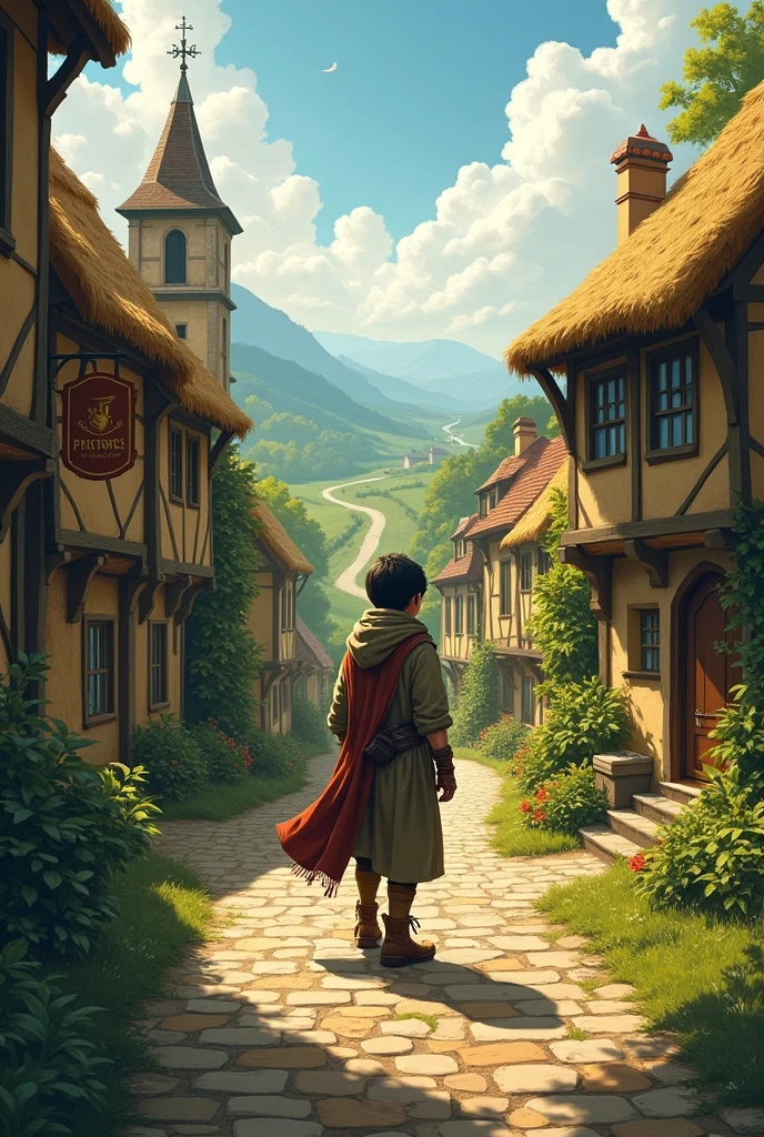 Create an image of a  in a village alone 
