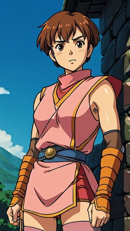 (1girl, solo, kasumi suikoden), (extremely detailed CG unit 8k wallpaper),(master part), (best quality), (ultra detail), (best illustration),(ghibli style), cowboy shot, (Sharp eyeliner, ombre, detailed eyes:1), oasis, outdoors background, ,break, (GHIBLI_Background), upper body, short hair, brown hair, brown eyes, pink outfit, japanese gauntlets, fishnet,