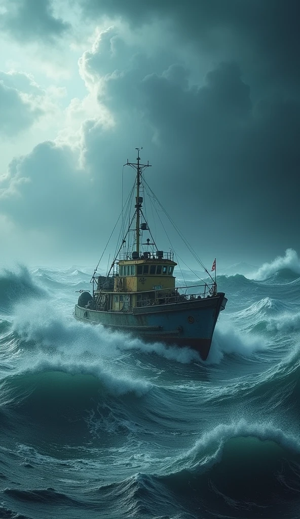 (crab boat, crab boat, stormy sea, strong waves, violent storm, Dramatic seascape, dramatic lighting, cool color tones, temperamental atmosphere, cinematic, (best qualityer,4K,8k,high resolution,work of art:1.2),ultra detali,(realisitic,photorealisitic,photo-realisitic:1.37),dramatic lighting,film composition,dramatic color palette,Epic scale,powerful waves,turbulent waters,gloomy sky,threatening clouds)