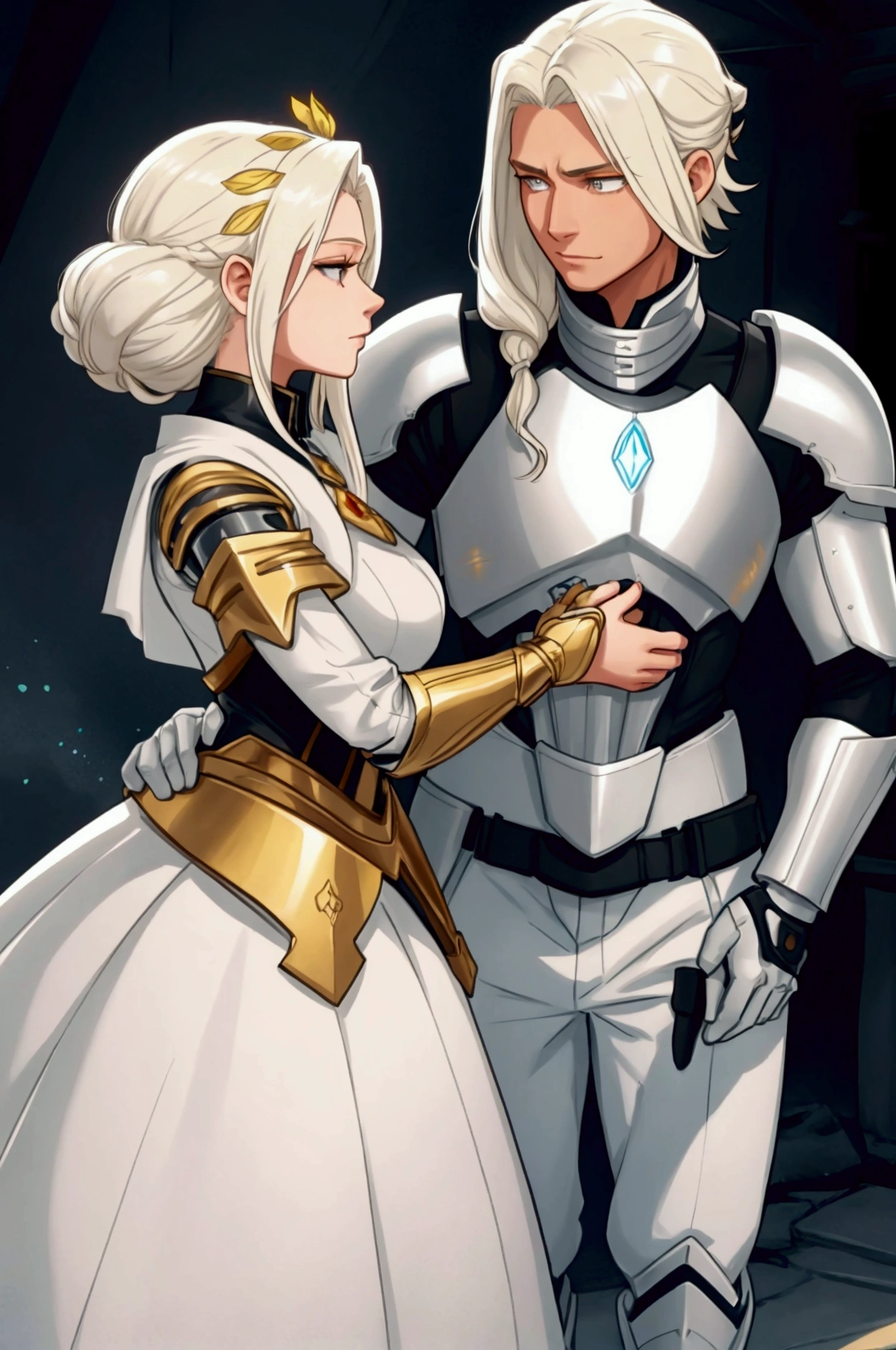 She has short, not very long, platinum blonde hair., with locks that frame her face, and golden eyes that shine with a warm and encouraging light. He wears light armor in shades of gold and white., which symbolizes purity and hope. His main weapon is a lightsaber., whose leaf seems to shine with a heavenly glow. Liora is extremely kind, optimistic and encouraging. Her positive nature and willingness to support others make her a key figure in keeping the group&#39;s spirits high.. She is always willing to offer a word of encouragement and help to those who need it., and his hopeful attitude is contagious. Although she is a formidable warrior, His focus is on inspiring and uplifting his peers rather than seeking conflict... Whole body
