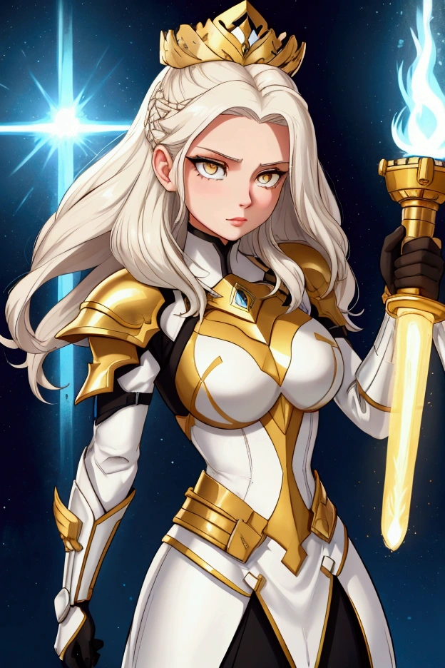 She has short, not very long, platinum blonde hair., with locks that frame her face, and golden eyes that shine with a warm and encouraging light. He wears light armor in shades of gold and white., which symbolizes purity and hope. His main weapon is a lightsaber., whose leaf seems to shine with a heavenly glow. Liora is extremely kind, optimistic and encouraging. Her positive nature and willingness to support others make her a key figure in keeping the group's spirits high.. She is always willing to offer a word of encouragement and help to those who need it., and his hopeful attitude is contagious. Although she is a formidable warrior, His focus is on inspiring and uplifting his peers rather than seeking conflict... Whole body