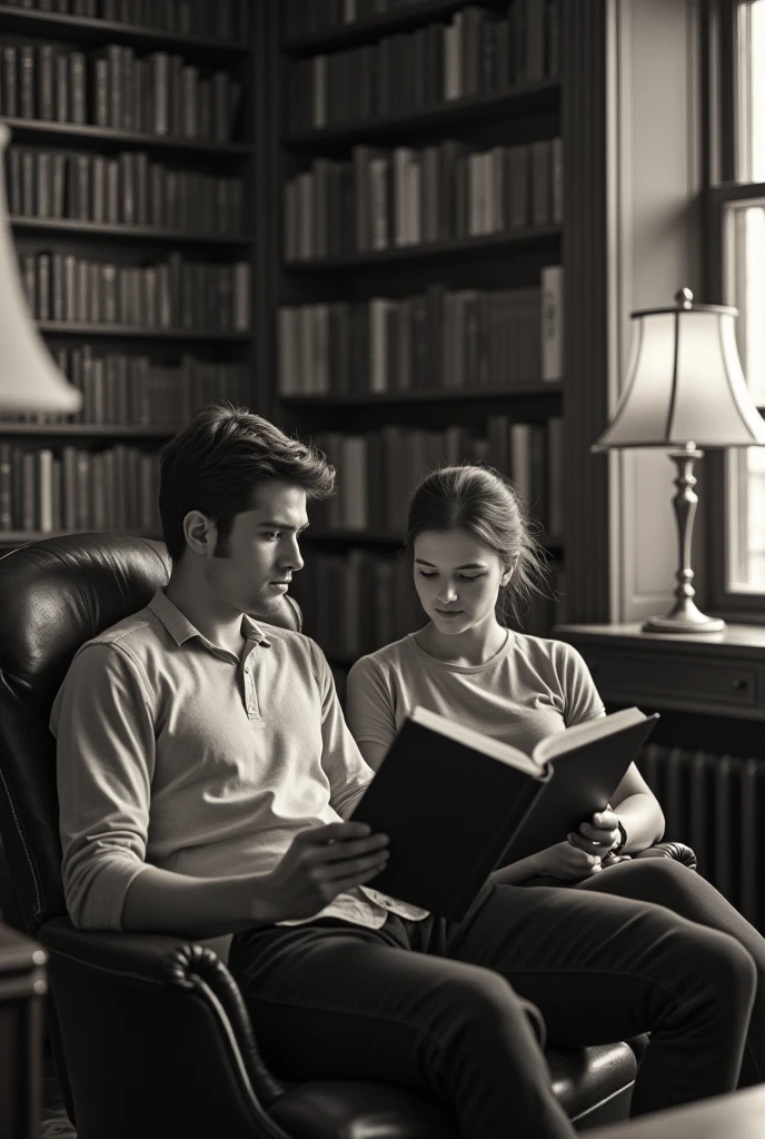 two young people (relaxed man and studious woman) 20 and 2 in the library, old black and white image

