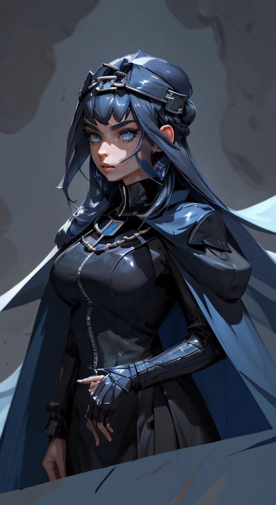 envision a 8k, highres, cinematic, fully body design sheet of a fierce empress Big tall girl with long legs named Kronii Ouro with long dark blue hair in a bun, blue eyes, wrapped in chains, wearing Darth Vader's Suit with a long flowing blue cape, a black helmet mask against a dark background