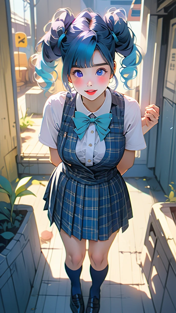 (masterpiece:1.3, Highest quality, Ultra-high resolution, Super detailed), (Realistic, photoRealistic:1.4), Beautiful illustrations, Perfect lighting, Natural light, colorful, Depth of written boundary, Surrealism,
Beautiful detailed hair, Beautifully detailed face, Beautiful attention to detail, Beautiful clavicle, Beautiful body, Beautiful breasts, Plump thighs, Beautiful feet, Beautiful fingers, Glowing Skin, ,
View your viewers, 1 person, Japanese, high school girl, (Perfect Anatomy, Anatomically correct, Highly detailed skin), Cute and symmetrical face, Perfect Face, Perfect Eyes, Perfect Fingers,
(Long Hair, Bun twin tail, Amethyst Hair,Neon Aqua Hair,Fuchsia Hair,Fluorescent blue hair), Asymmetrical bangs, blue eyes, Big eyes, Long eyelashes, (Large Breasts:1.2, Captivating thighs), thin, outAre standing style,
((Detailed cloth texture, break,break, White collared shirt, break,break, navy blue suit vest, break,break, Blue plaid pleated skirt, break,break, Purple and blue bow tie), socks, Black Loafers),
(Beautiful views), (station), (Are standing, Leaning forward), (Heart-shaped pupils, :3, Excited, Ahegao, orgasm, In the heat, Mischievous face, Captivating smile, Small with open mouth),
Pay attention to the panties, Panties as a gift, (Pink Panties:1.2), (Pee stained panties:1.5), (Yellow stained panties:1.2), Holding, (Holding panties), ((Five Fingers)), No pants,