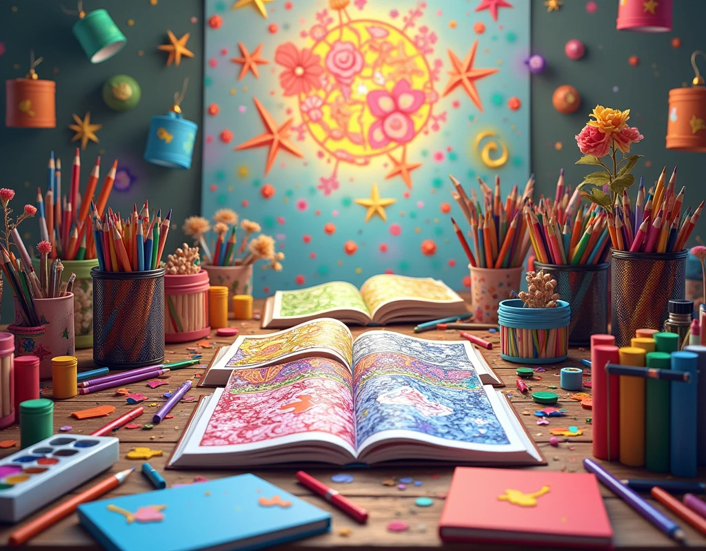 table full of colors and a couple of open coloring books