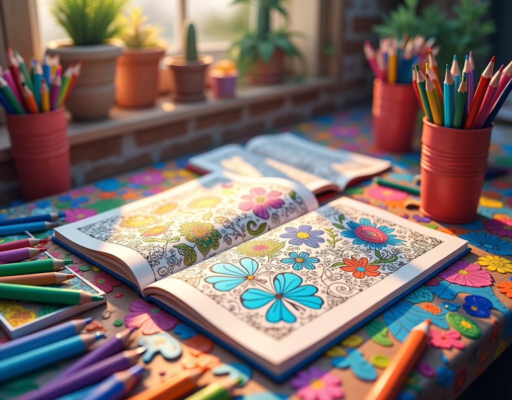 table full of colors and a couple of open coloring books